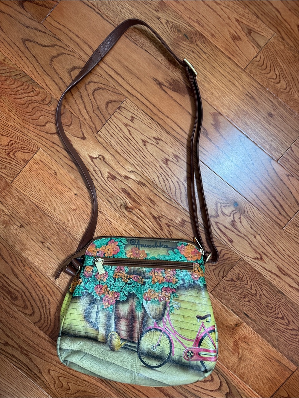 Anuschka Brown Crossbody with Teal Pink Orange Floral Bicycle Art